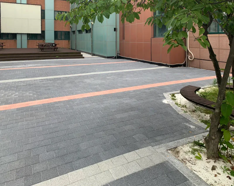 한국체육고등학교 건물 앞마당. 짙은 회색 블록 바닥을 주황색과 흰색 띠가 가로지르고 나무 둘레에 둥근 벤치가 놓여 있다.