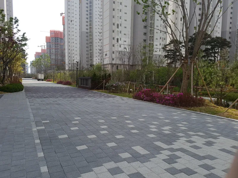 시흥 배곧 한신휴플러스 동 사이 넓은 보행로. 회색 블록 바탕에 밝은 블록이 흩어져 있고 가장자리에 화단과 나무가 줄지어 있다.