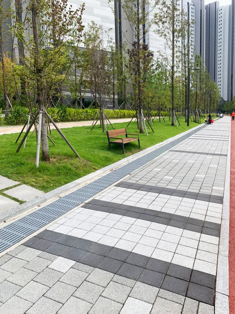 고덕근린공원 산책로 세로 사진. 짙은 회색 띠가 들어간 회색 블록 길 옆으로 배수 트렌치와 붉은 자전거도로, 벤치가 놓인 잔디밭이 이어진다.