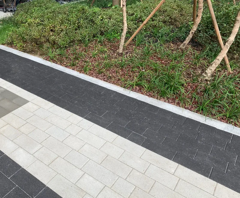 고덕 센트럴 푸르지오 단지 안 보행로. 밝은 회색 직사각형 블록과 짙은 흑색 블록이 나란히 깔렸고 화강석 경계석 너머로 관목 화단이 이어진다.