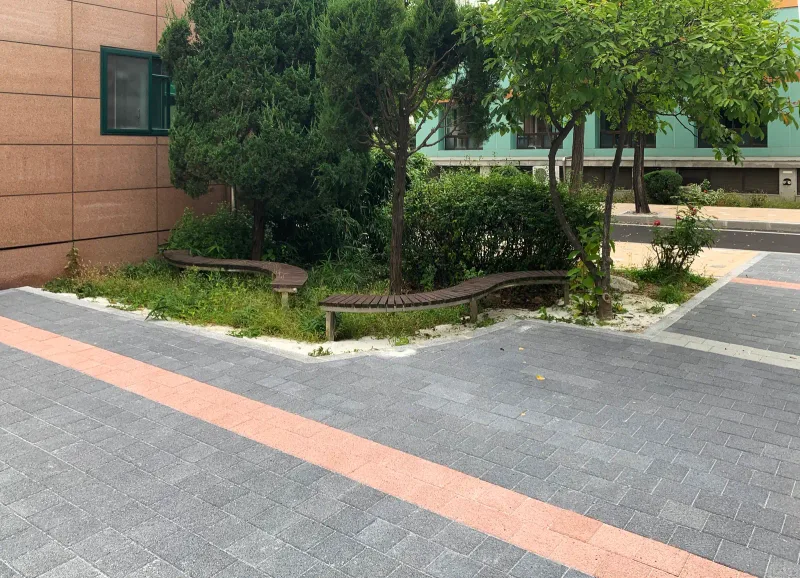 한국체육고등학교 중정. 짙은 회색 블록 바닥을 분홍 블록 띠가 가로지르고 나무 화단 둘레에 곡선 벤치가 놓여 있다.