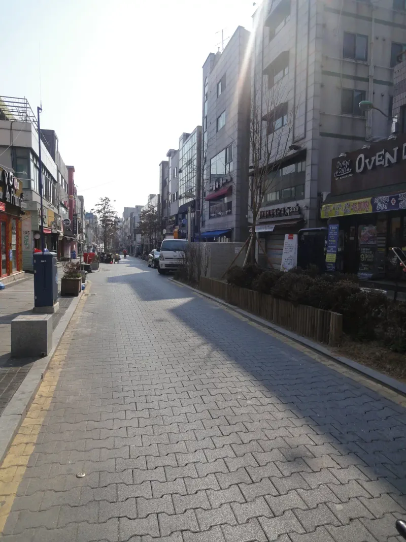 부천 차도블록 구간 보도. 연회색 블록 포장 길이 연석과 낮은 담장을 따라 곧게 이어지고 가로수가 늘어서 있다.