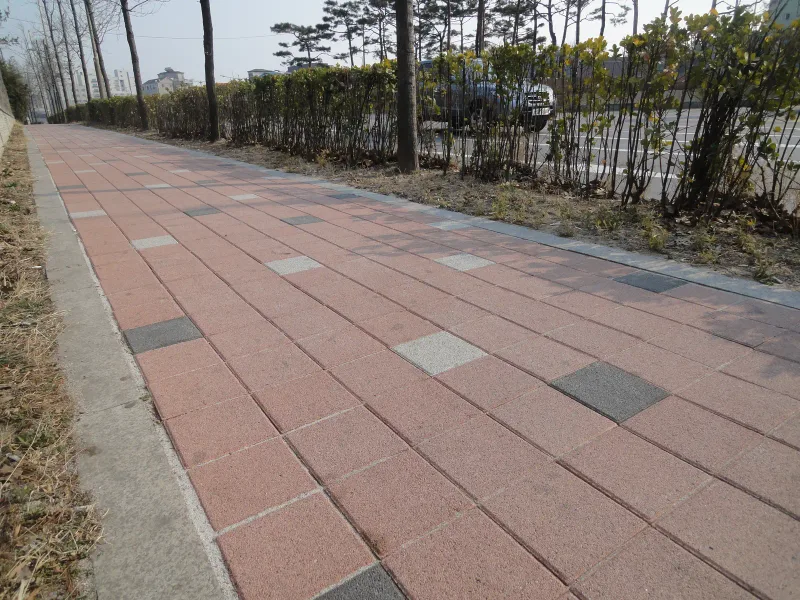 수원 세류동 생울타리 옆 보도. 연적색 직사각형 블록 사이로 회색·짙은 회색 블록이 흩어져 깔린 길이 멀리까지 이어진다.