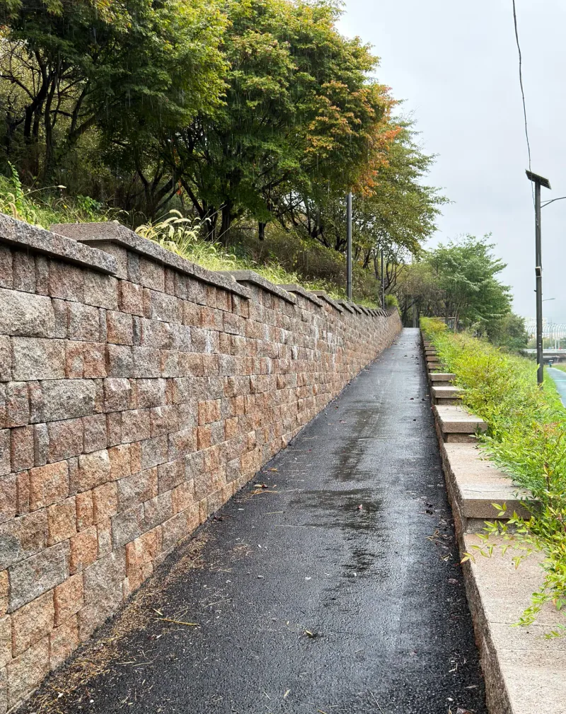 장지천 산책로 옆 옹벽(세로 사진). 적갈색·회색이 섞인 거친 면 블록 벽이 비에 젖은 산책로를 따라 길게 이어진다.