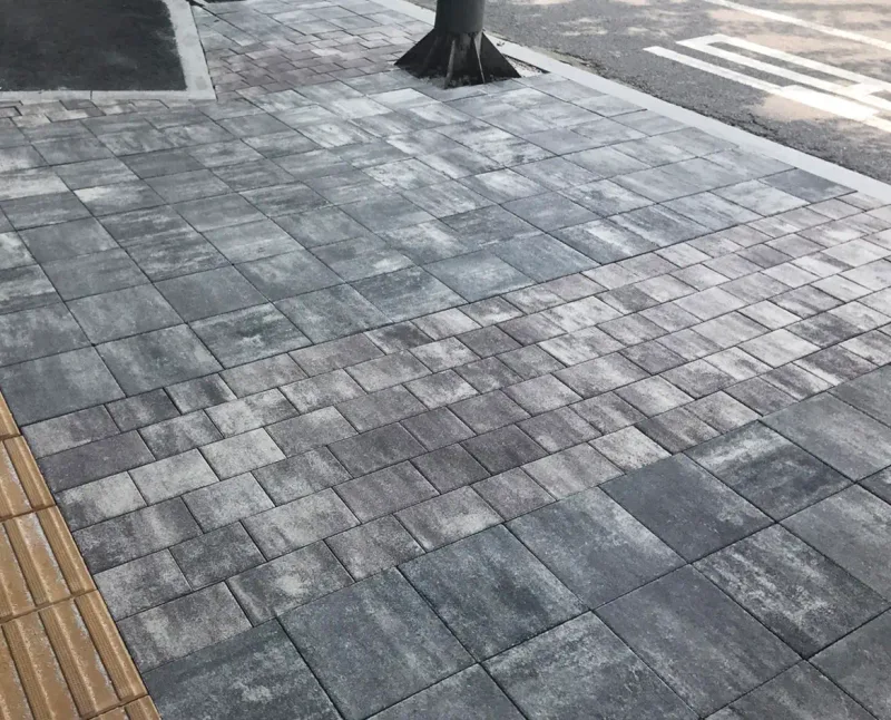잠실관광특구 가로수 주변 보도. 회색·흰색이 섞인 직사각형 블록이 가로수 둘레와 자전거도로 경계까지 촘촘히 깔려 있다.