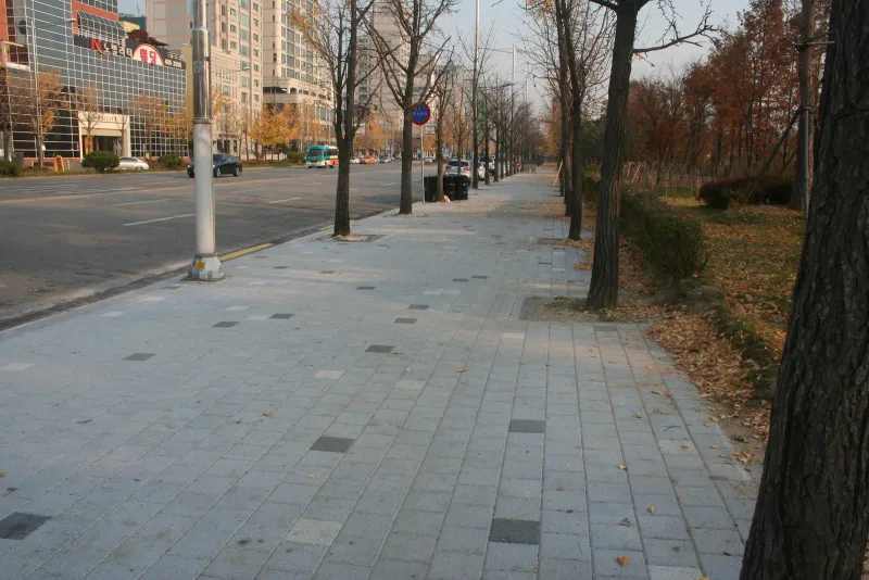 풍납동 가로등이 선 보도. 연회색 블록에 짙은 회색 블록이 점점이 박힌 보도가 가로수와 관목 화단 사이로 곧게 이어진다.