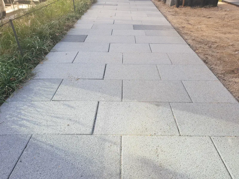 중구 동호로 화단 옆 보도. 밝은 회색 대형 직사각형 블록 사이에 짙은 회색 블록이 드문드문 섞여 길게 이어지고 한쪽에 맥문동 화단이 있다.
