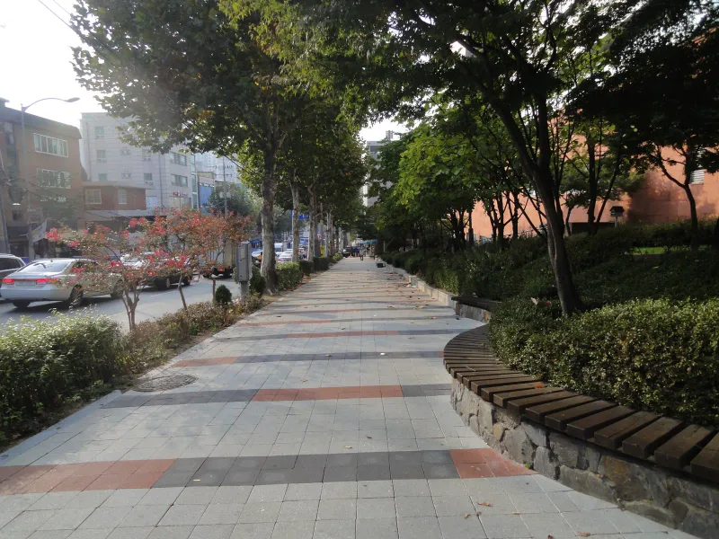 숭실대학교 중문 앞 곡선 화단 둘레 보도. 돌 쌓은 화단 위 나무 좌석이 휘어 돌아가고 앞쪽 연회색 블록 바닥에 적갈색·짙은 회색 띠가 보인다.