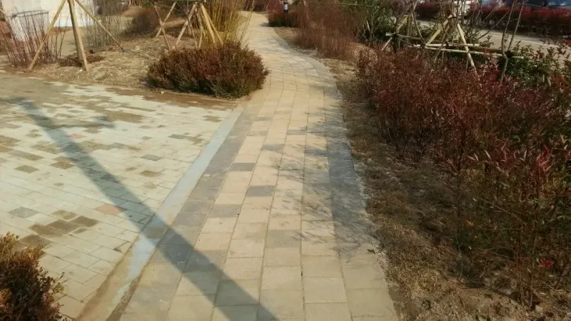 전주 우미린 단지 곡선 산책로. 베이지 블록 길과 회색 블록 띠가 둥근 관목 화단을 따라 휘어지며 나무 그림자가 드리운다.