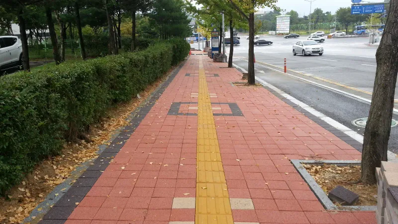 인천 연수구 도로변 보도. 적갈색 직사각형 블록 보도 한가운데 노란 점자블록 줄이 길게 이어지고 왼쪽 생울타리와 오른쪽 가로수·차도 사이로 뻗어 있다.