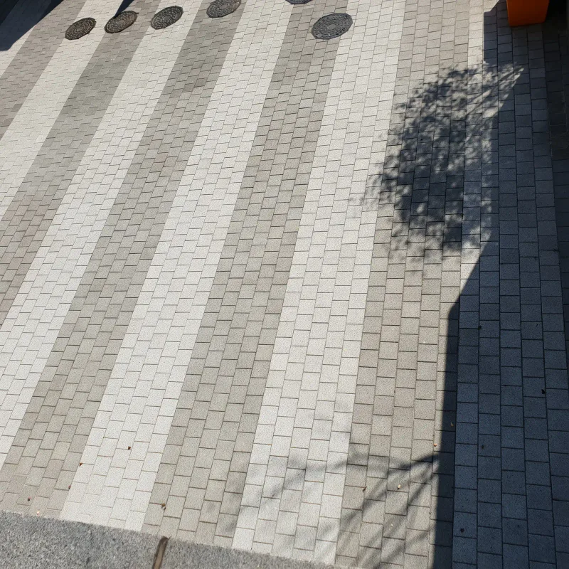 중앙대학교 광장 줄무늬 포장 근접. 흰색과 회색 블록 띠가 번갈아 이어지고 짙은 회색 블록 구간과 맞닿아 있다.