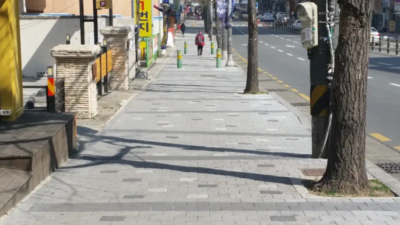 소방안전본부 일대 도로변 보도. 가로수와 볼라드가 늘어선 넓은 보도에 회색 블록이 깔리고 짙은 회색 블록 띠가 일정 간격으로 가로지른다.