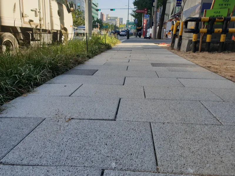 중구 동호로 가로 보도를 낮은 눈높이에서 본 모습. 밝은 회색 대형 블록 바닥이 화단과 가로수 사이로 멀리 교차로까지 이어진다.