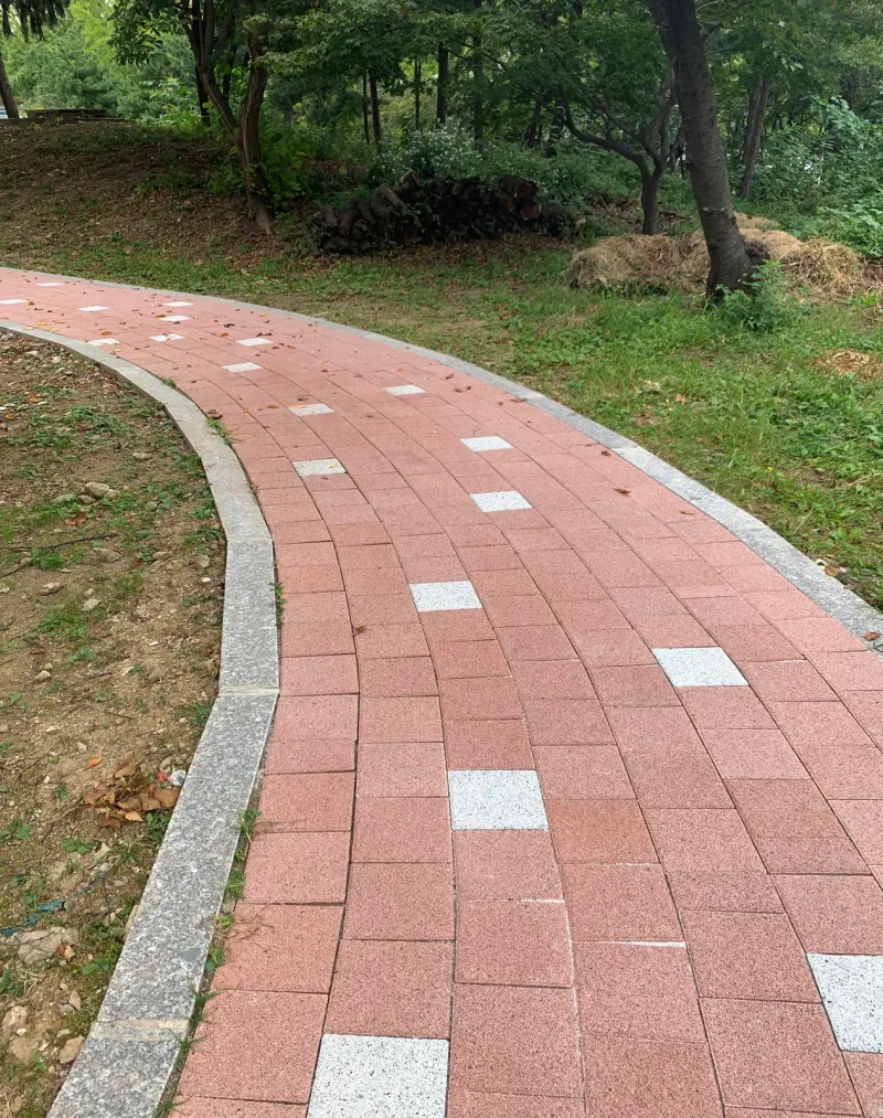 한국체육고등학교 경사면 옆 곡선 산책로. 적갈색 블록에 흰 블록이 섞인 길이 회색 경계석을 따라 완만하게 휘어진다.