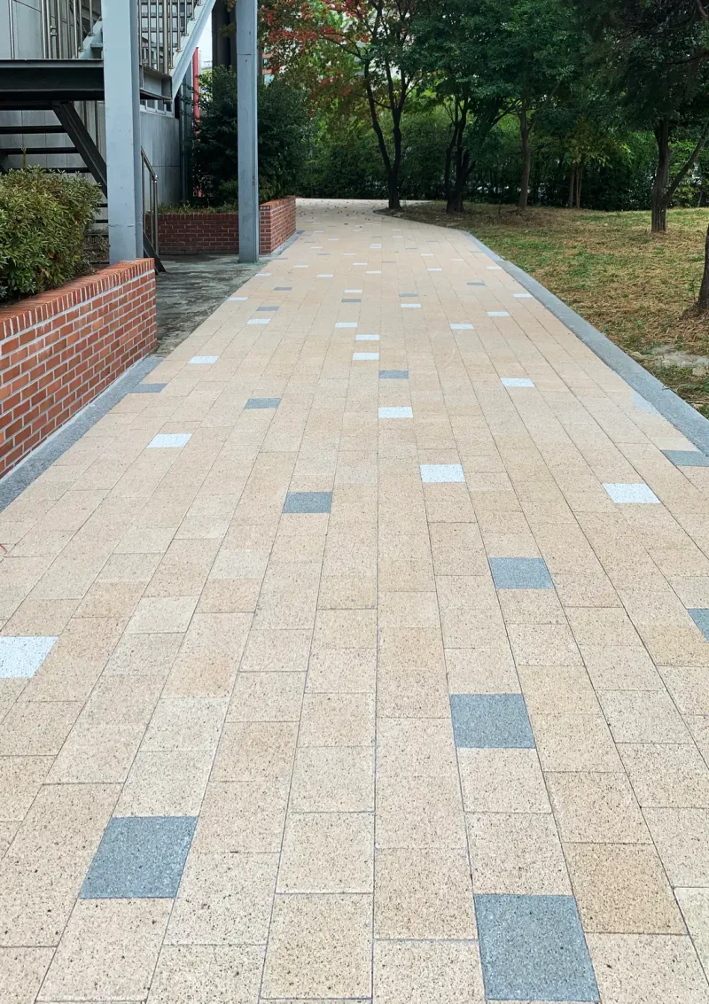 한국체육고등학교 건물 뒤편 보행로 근접. 베이지 블록 사이에 청회색·흰 블록이 섞여 깔려 있고 왼쪽에 벽돌 담이 있다.
