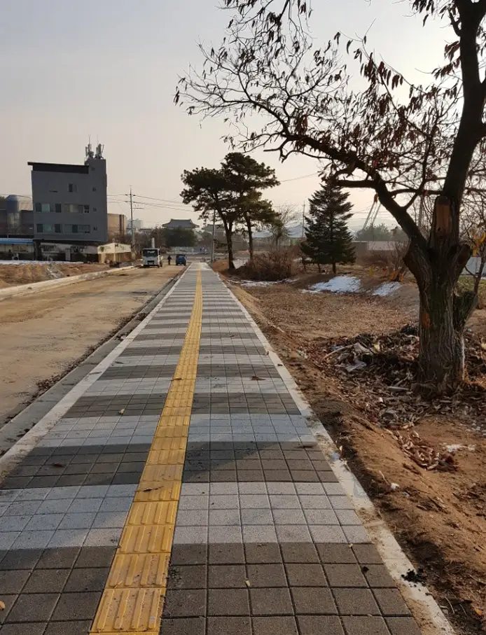 여주 홍문동 도로변 보도. 밝은 회색 블록 사이에 짙은 회색 블록 띠가 가로로 반복되고 가운데로 노란 점자블록이 길게 이어지며 옆에 큰 나무가 서 있다.