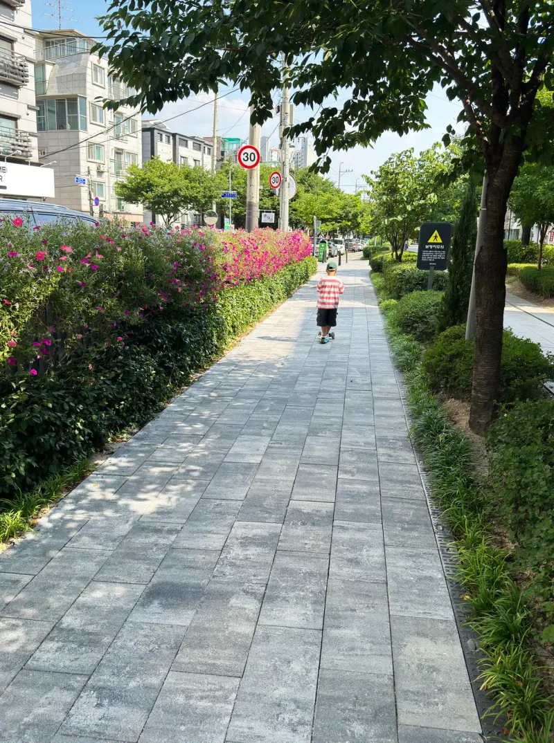 경춘선숲길 산책로(세로 사진). 밝고 어두운 회색 판형 블록을 섞어 깐 길이 꽃이 핀 울타리를 따라 멀리까지 뻗어 있다.