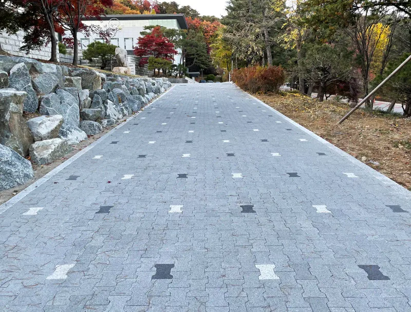 국립서울현충원 봉송로. 회색 I자형 맞물림 블록 길에 흰색·짙은 회색 블록이 점점이 박혀 있고 왼쪽 자연석 축대 너머로 단풍이 든 나무가 보인다.