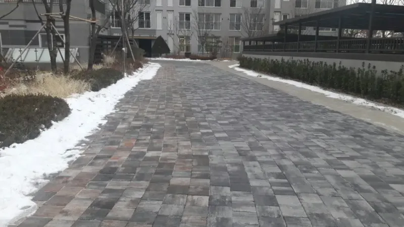 에일린의 뜰 단지 안 보행로. 회색·갈색이 섞인 블록 길 양옆에 눈 덮인 화단이 있고 오른쪽에 퍼걸러 쉼터가 보인다.