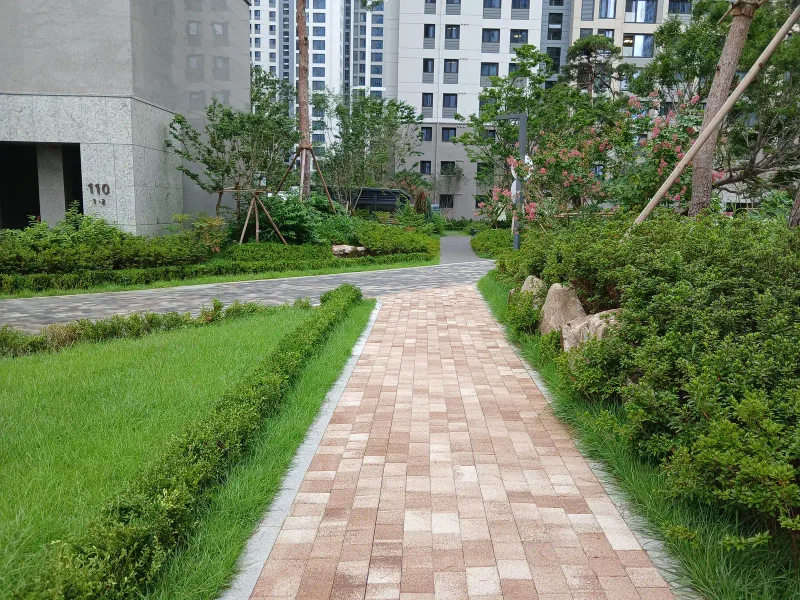 인덕원 퍼스비엘 잔디밭 옆 보행로. 연분홍·갈색 블록 길이 생울타리를 따라 아파트 동 쪽으로 곧게 이어진다.