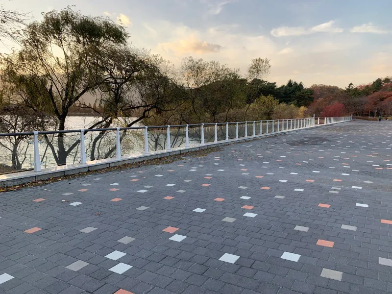 서울대공원 호숫가 보행로. 흰 난간 너머로 호수와 버드나무가 보이고 짙은 회색 블록 바닥에 색 블록이 점점이 섞여 있다.