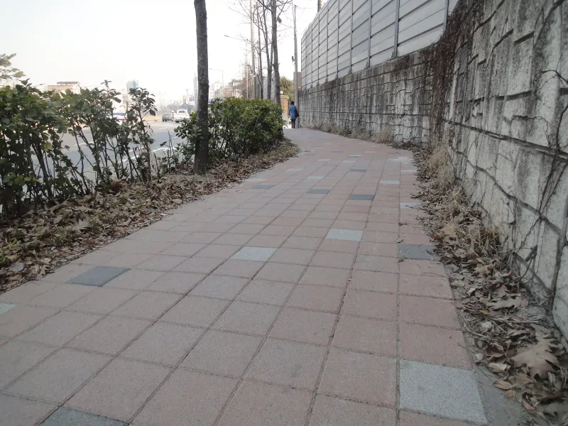 수원 세류동 옹벽 옆 굽은 보도. 적색 블록 바탕에 회색 점 블록이 섞인 길이 담쟁이 덮인 옹벽을 따라 휘어진다.