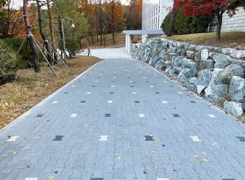 국립서울현충원 봉송로 오르막 구간. 오른쪽 자연석 축대와 단풍나무 사이로 회색 블록 길이 흰 지붕 출입구 쪽으로 이어진다.