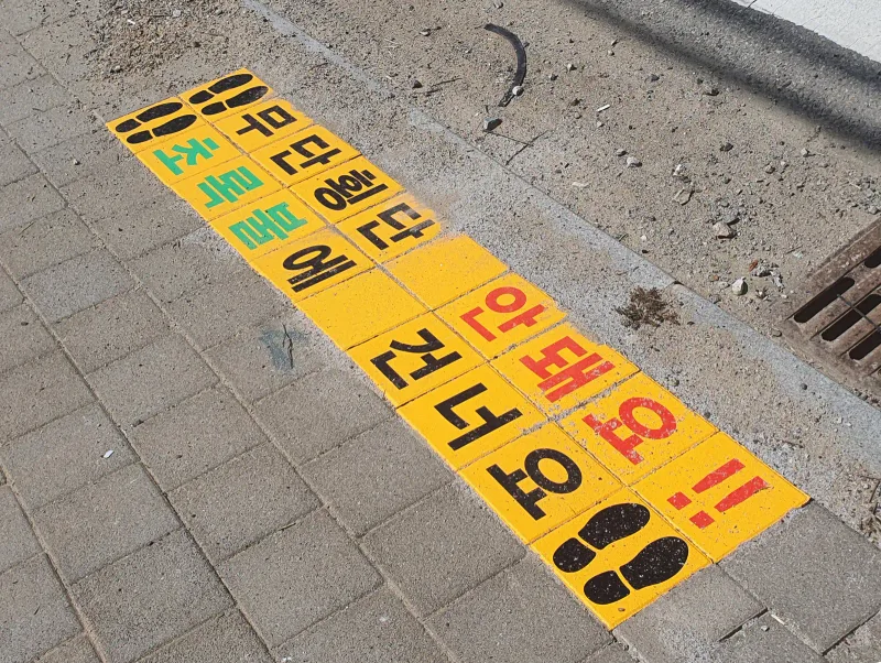 옐로카펫블록 글자 블록 근접. 회색 보도블록 사이에 '무단횡단 안돼요 초록불에 건너요' 문구와 발자국 무늬가 든 노란 블록이 깔려 있다.