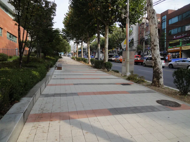 숭실대학교 중문 앞 화단 옆 보도. 연회색 블록 사이로 적갈색·회색 띠가 일정 간격으로 지나가고 왼쪽 관목 화단과 오른쪽 가로수 사이로 길이 뻗는다.