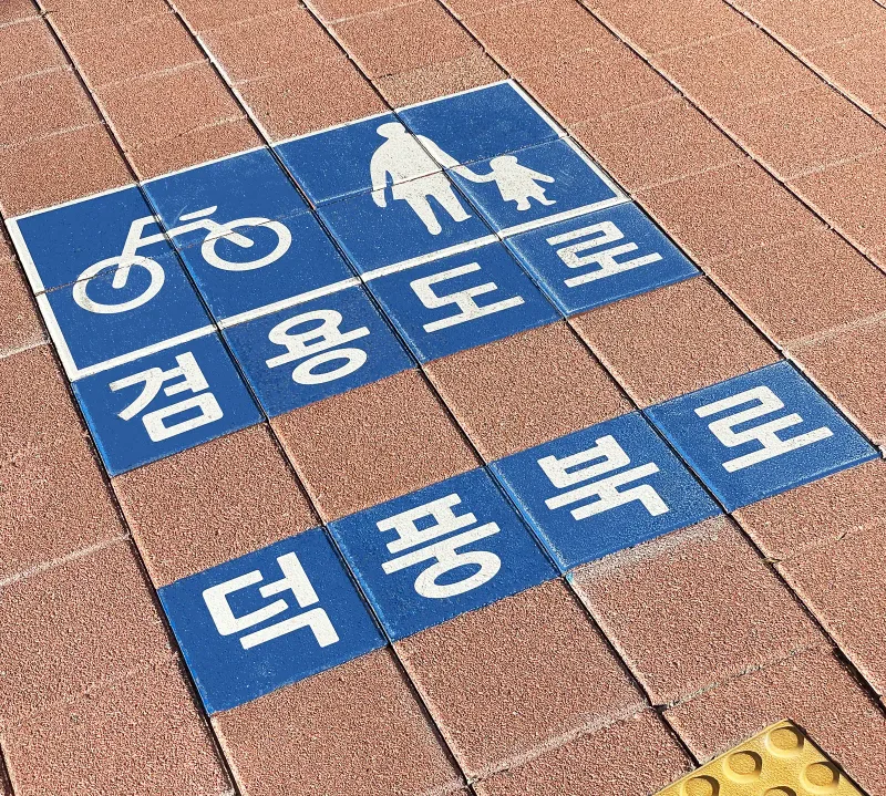 하남 덕풍북로 표시 블록 근접. 파란 바탕에 흰 자전거·보행자 그림과 겸용도로, 덕풍북로 글자가 새겨진 블록이 적갈색 블록 사이에 박혀 있다.